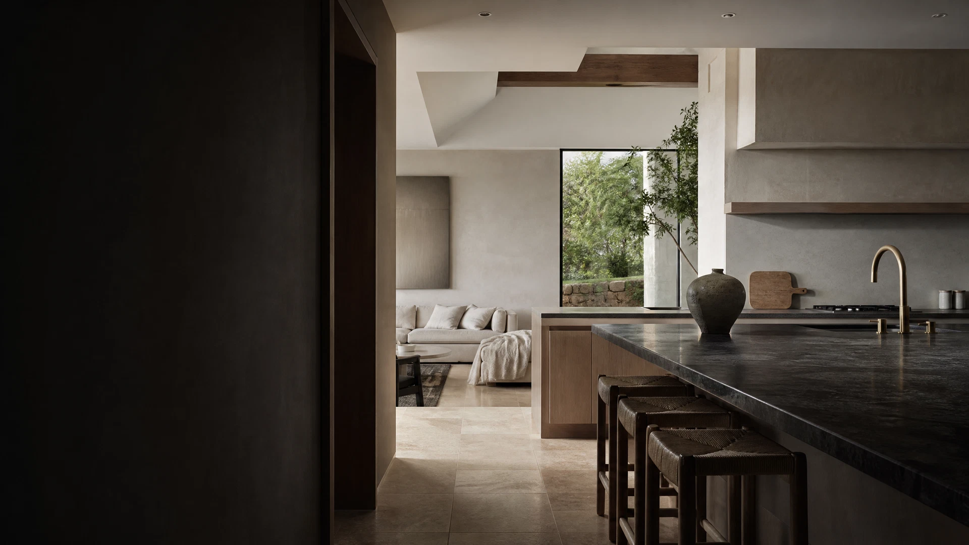 Bright contemporary kitchen and living room after a deep clean