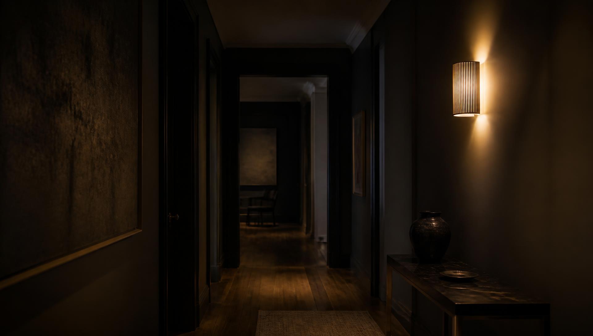 Dim hallway lit by a single warm wall light