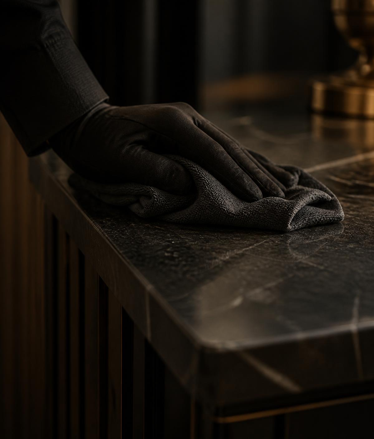 Gloved hand wiping a stone counter edge in warm low light